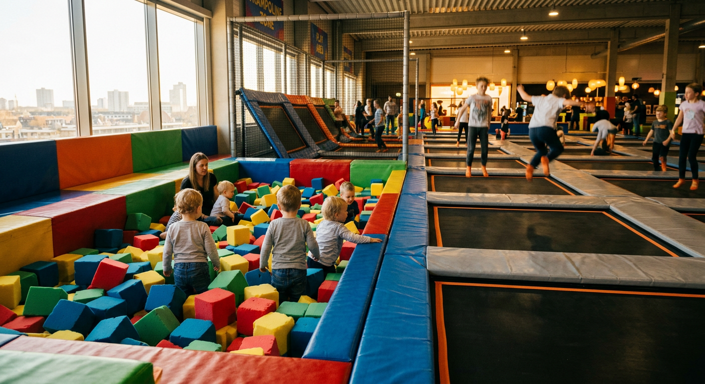 A padded toddler foam pit situated right next to a busy open jump trampoline section
