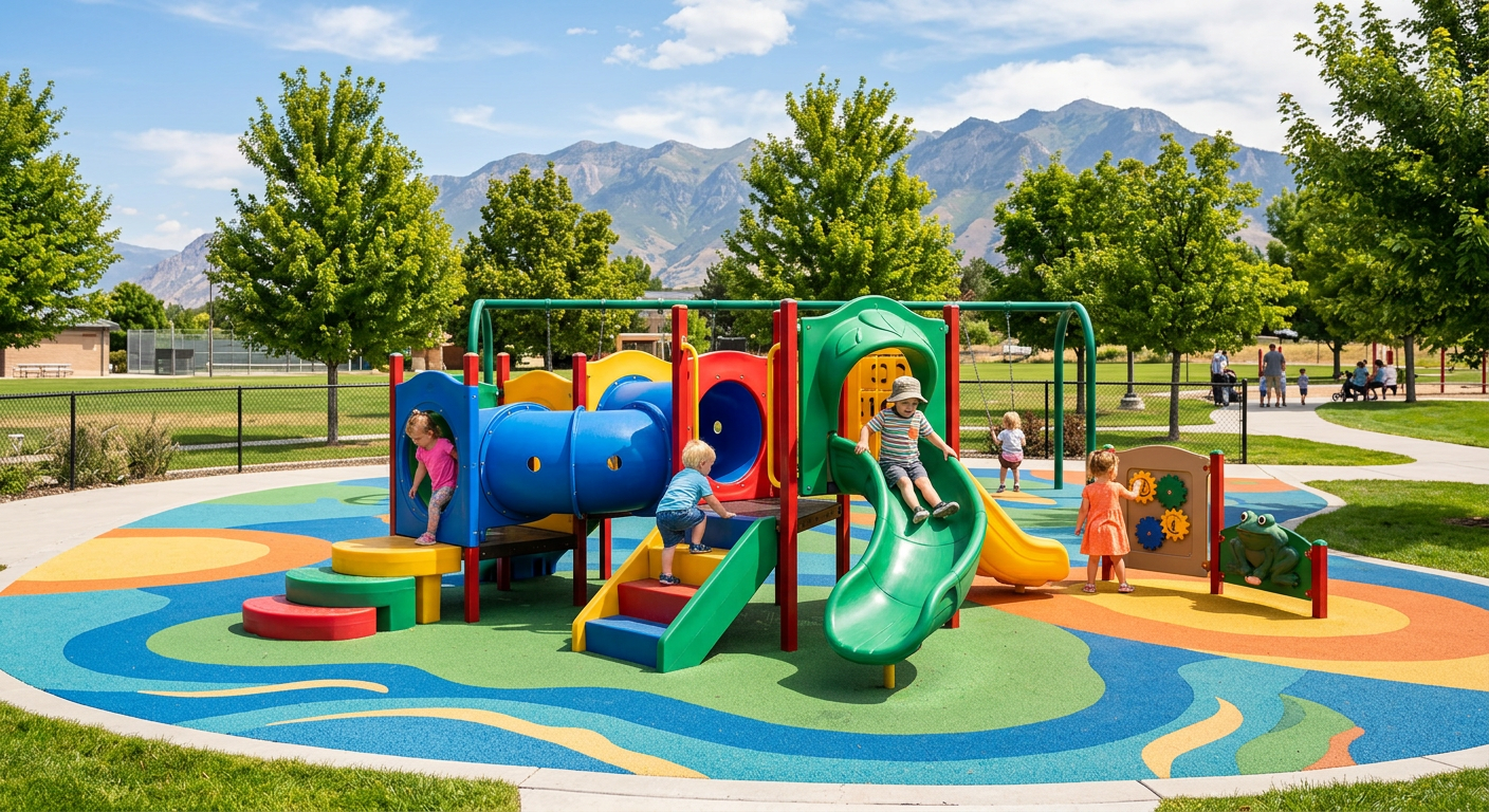 The designated toddler playground at Kearns Oquirrh Park featuring rubberized flooring and small play structures.