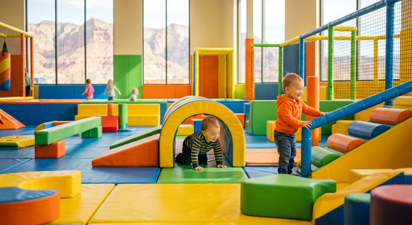 Toddlers exploring a calm, brightly colored padded indoor jump zone in Utah