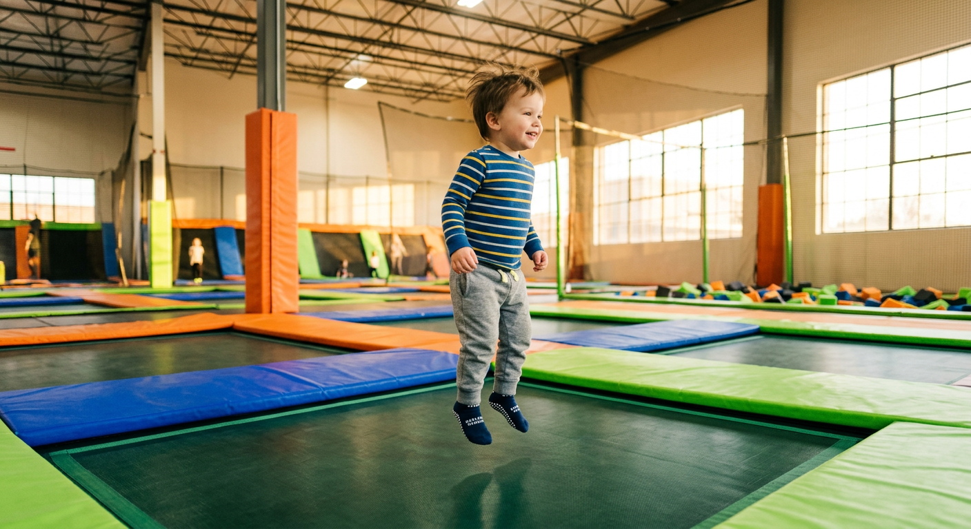 A toddler safely bouncing on an empty trampoline at an indoor park in Kearns