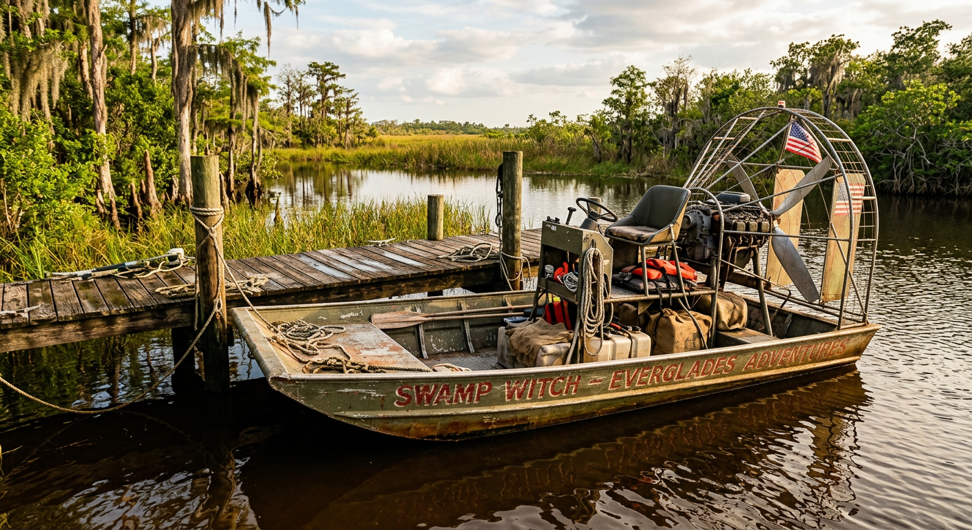 A weathered, custom-built airboat tied to a wooden dock in the murky waters of the Florida Everglades