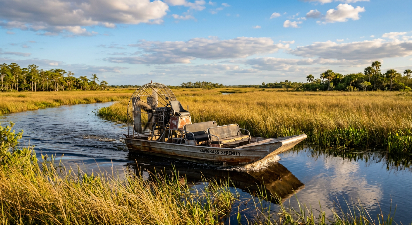 A weathered, custom-built airboat with faded seating gliding through sawgrass in the Florida Everglades