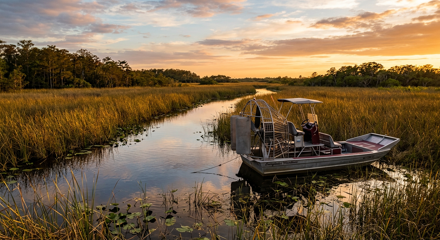 An airboat resting quietly in shallow Everglades water surrounded by tall sawgrass