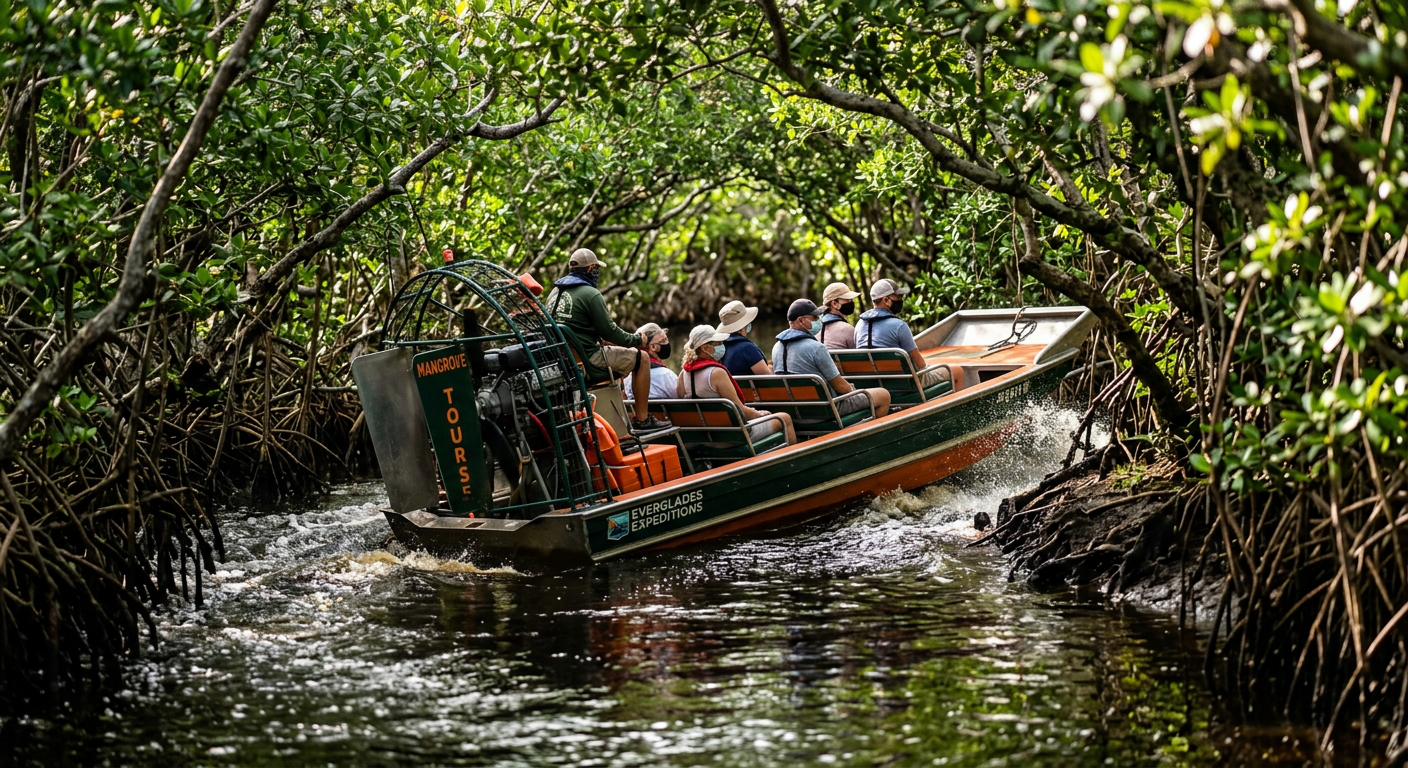 A small six-seater airboat banked sideways in a narrow mangrove tunnel