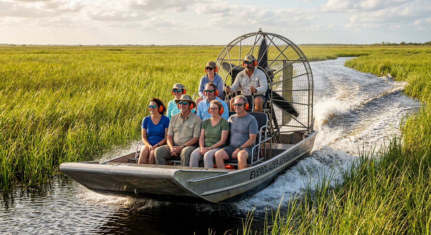 Passengers on a custom Everglades airboat wearing polarized sunglasses and simple ear protection while rushing through tall sawgrass