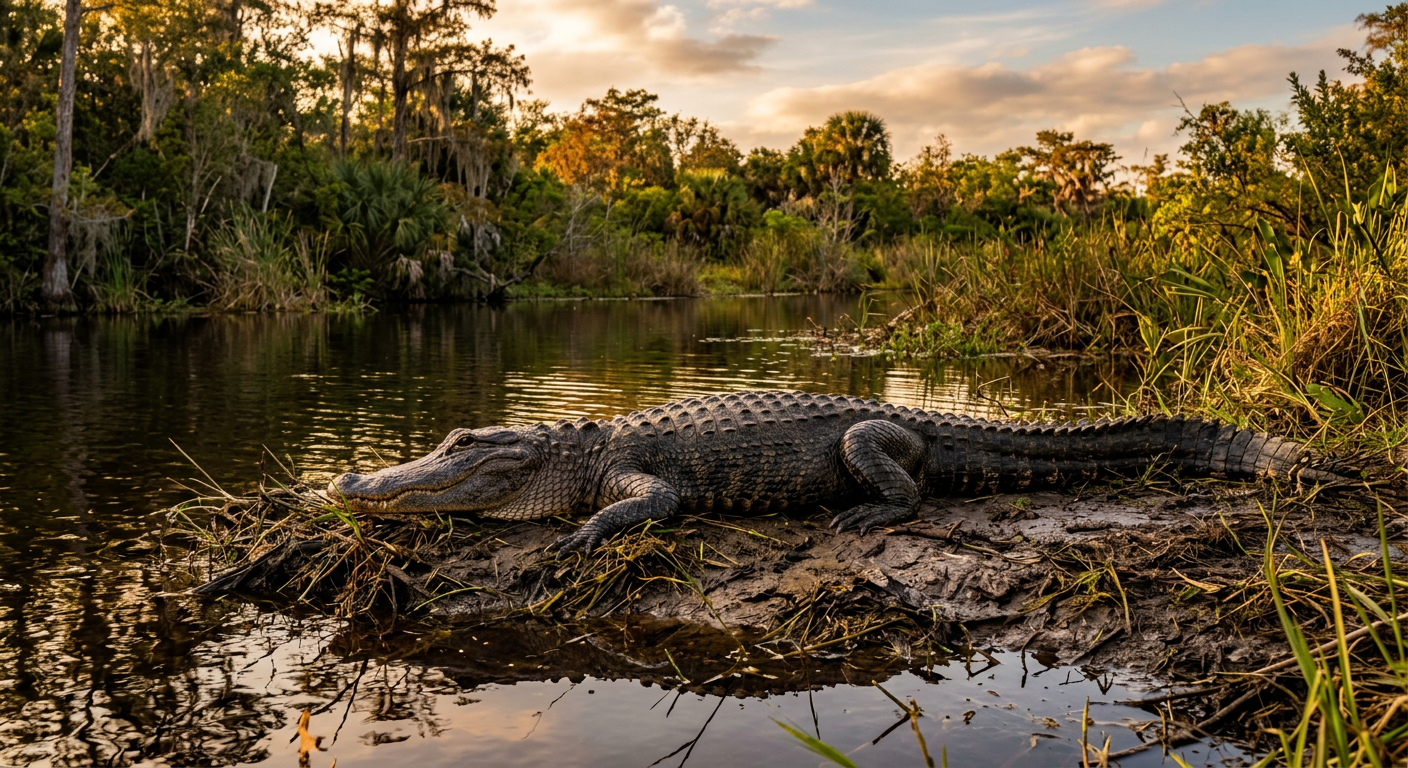 An American alligator resting on a mudbank near dark waters in the Everglades