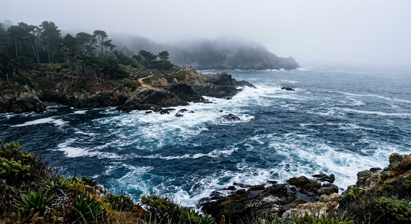 Dark blue ocean water churning at the edge of the Monterey submarine canyon under a foggy sky