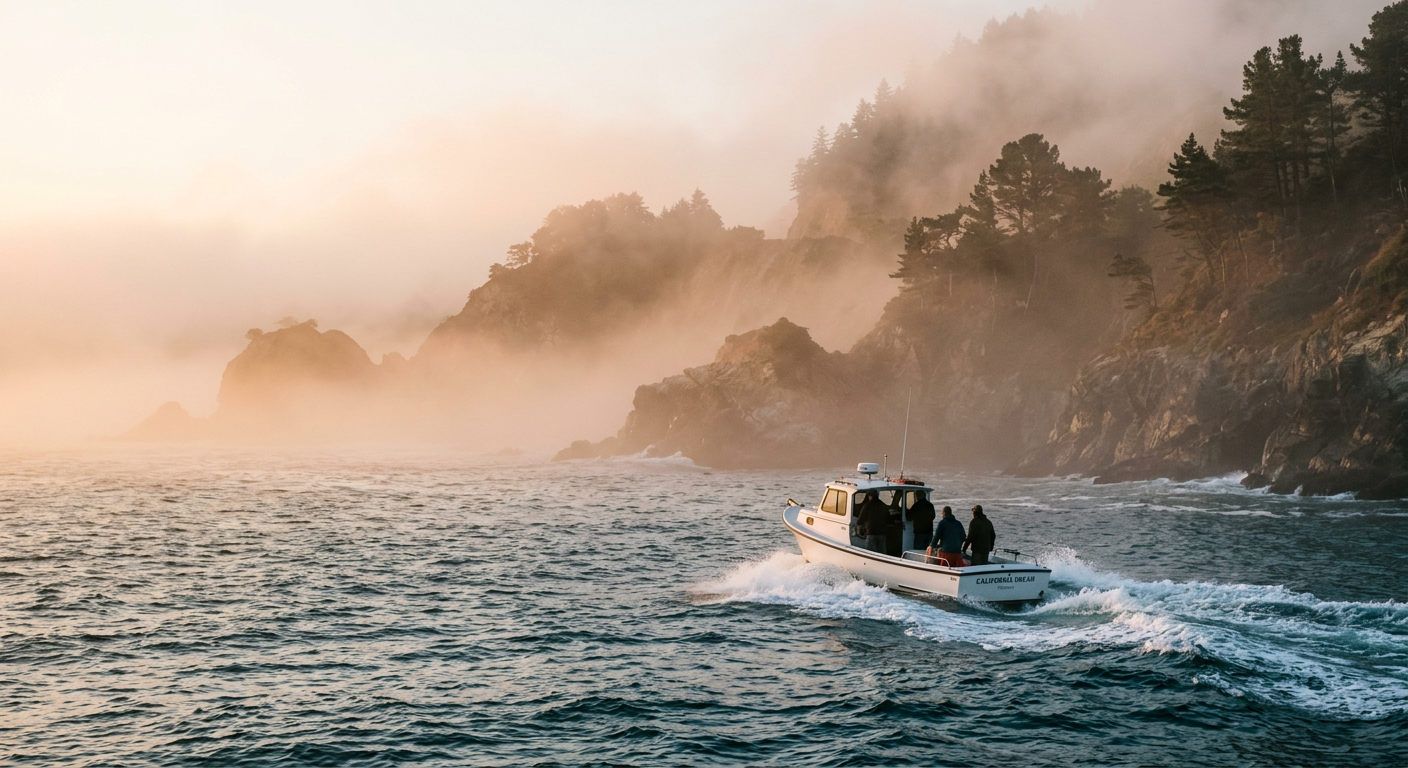 A small white boat cutting through thick early morning fog off the California coast