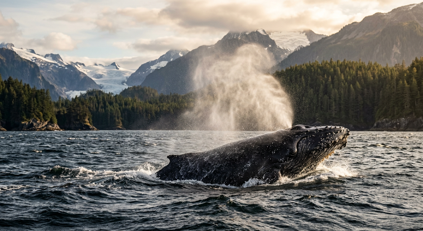 A humpback whale surfacing in dark, choppy water releasing a misty blow into the cold air