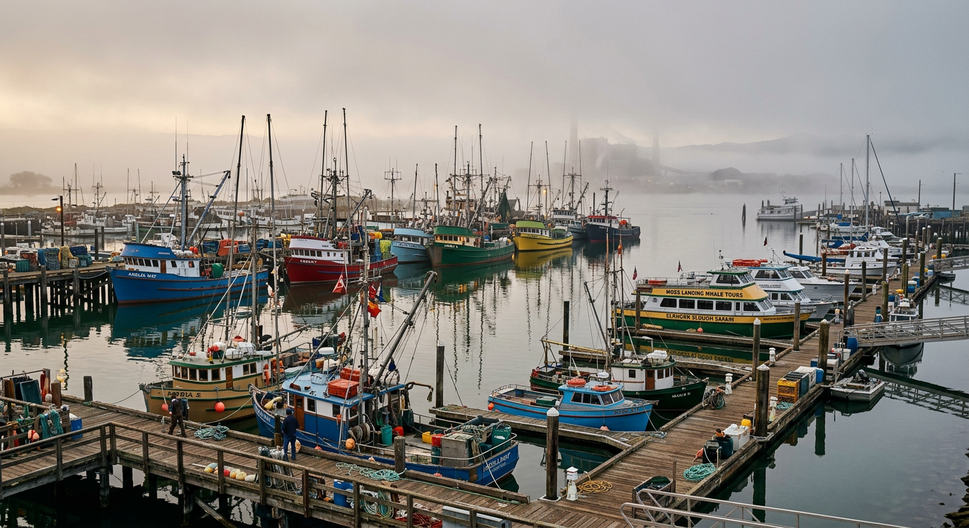 Fishing boats and tour vessels docked at the Moss Landing harbor under a foggy morning sky