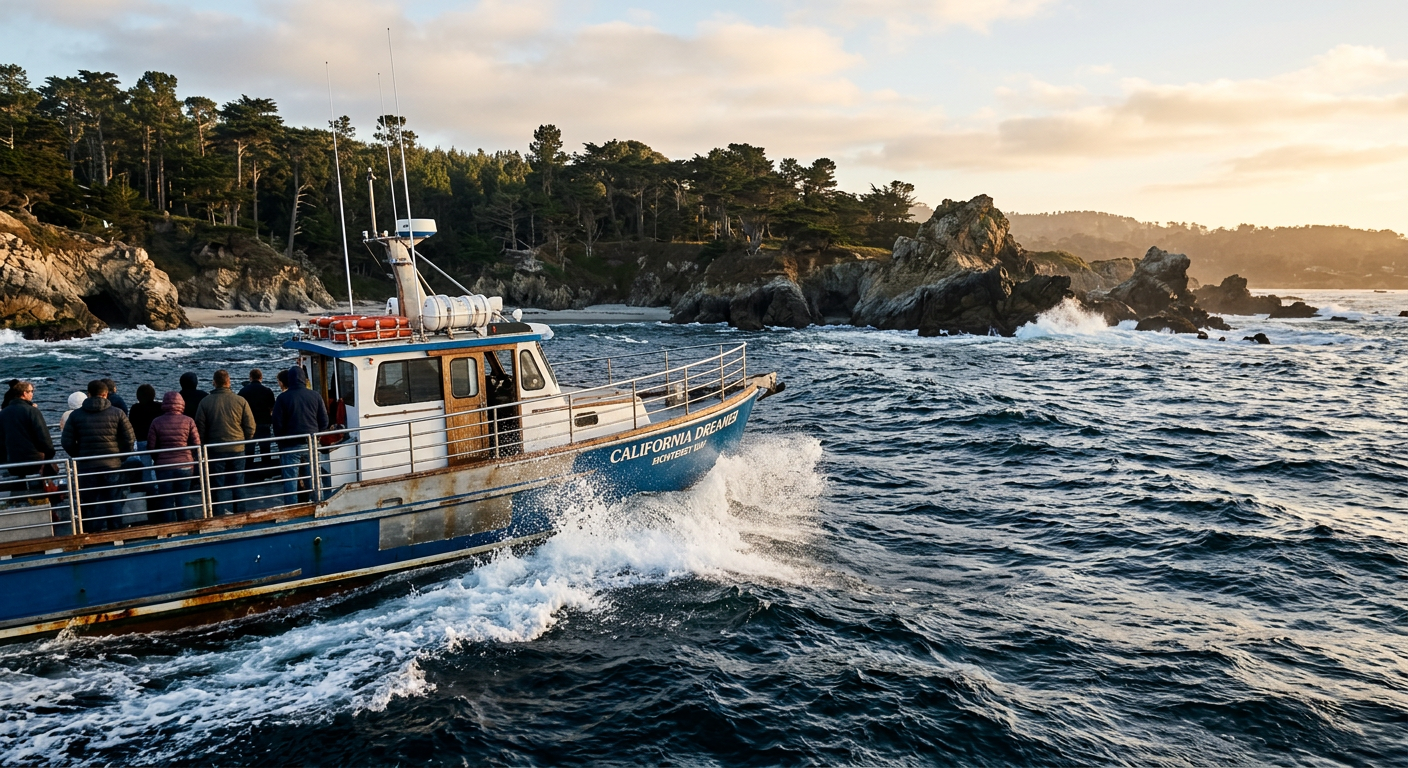 Choppy dark blue ocean water hitting the side of a tour boat near the Carmel coastline
