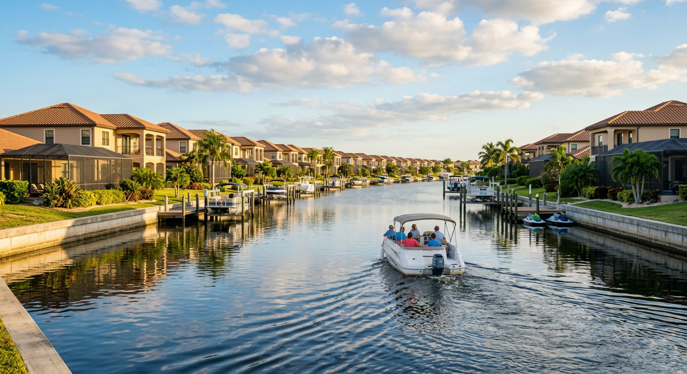 A boat navigating between concrete seawalls and identical waterfront homes in Cape Coral