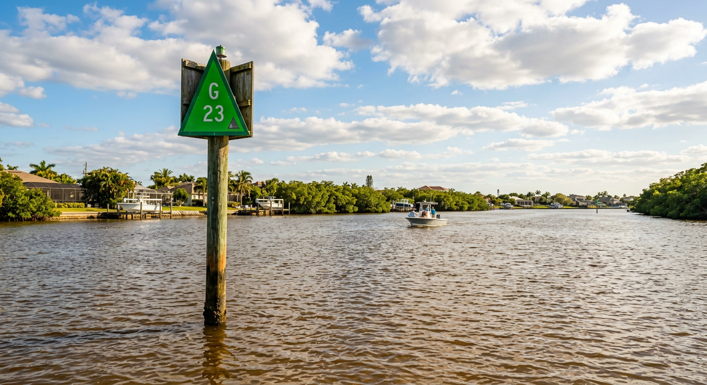 A green wooden channel marker standing in shallow brown water near the Cape Coral coastline