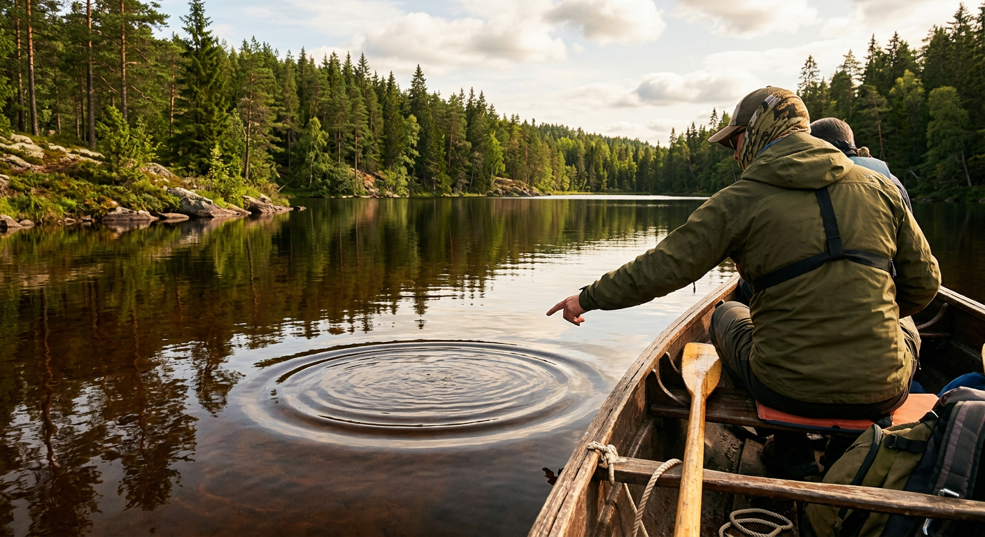 A boater pointing at a flat, circular ripple on the surface of calm tannic water
