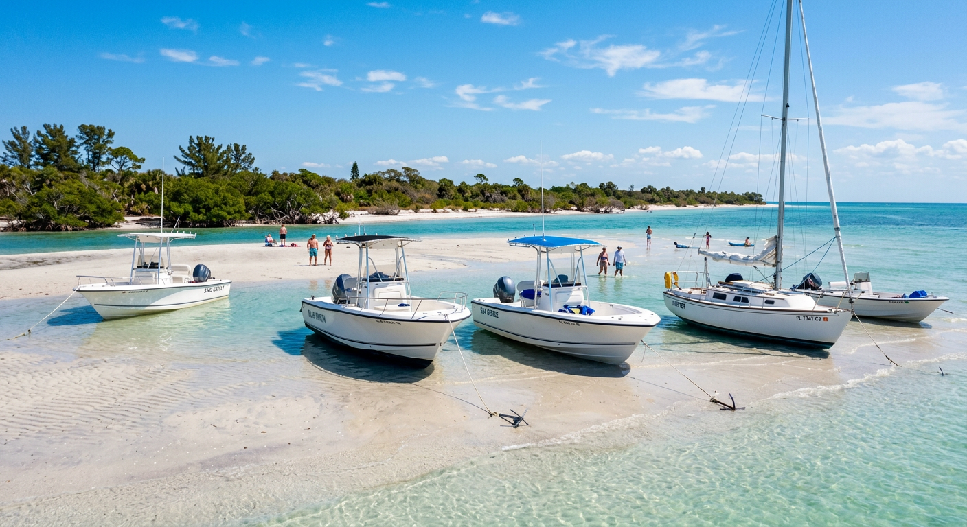 Several white boats stuck on a shallow sandbar at Cayo Costa under a glaring sun