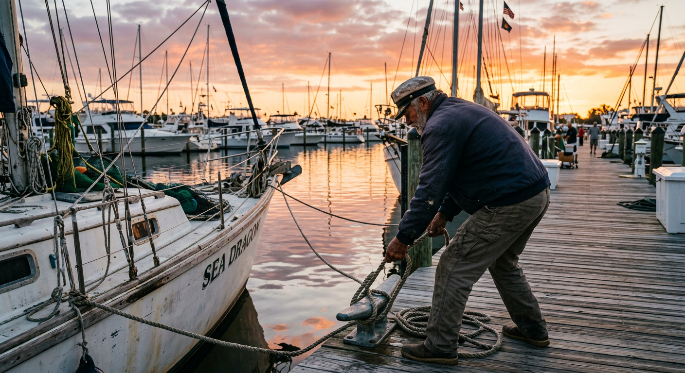 Weather-beaten boat captain securing dock lines at a busy Cape Coral marina at dawn