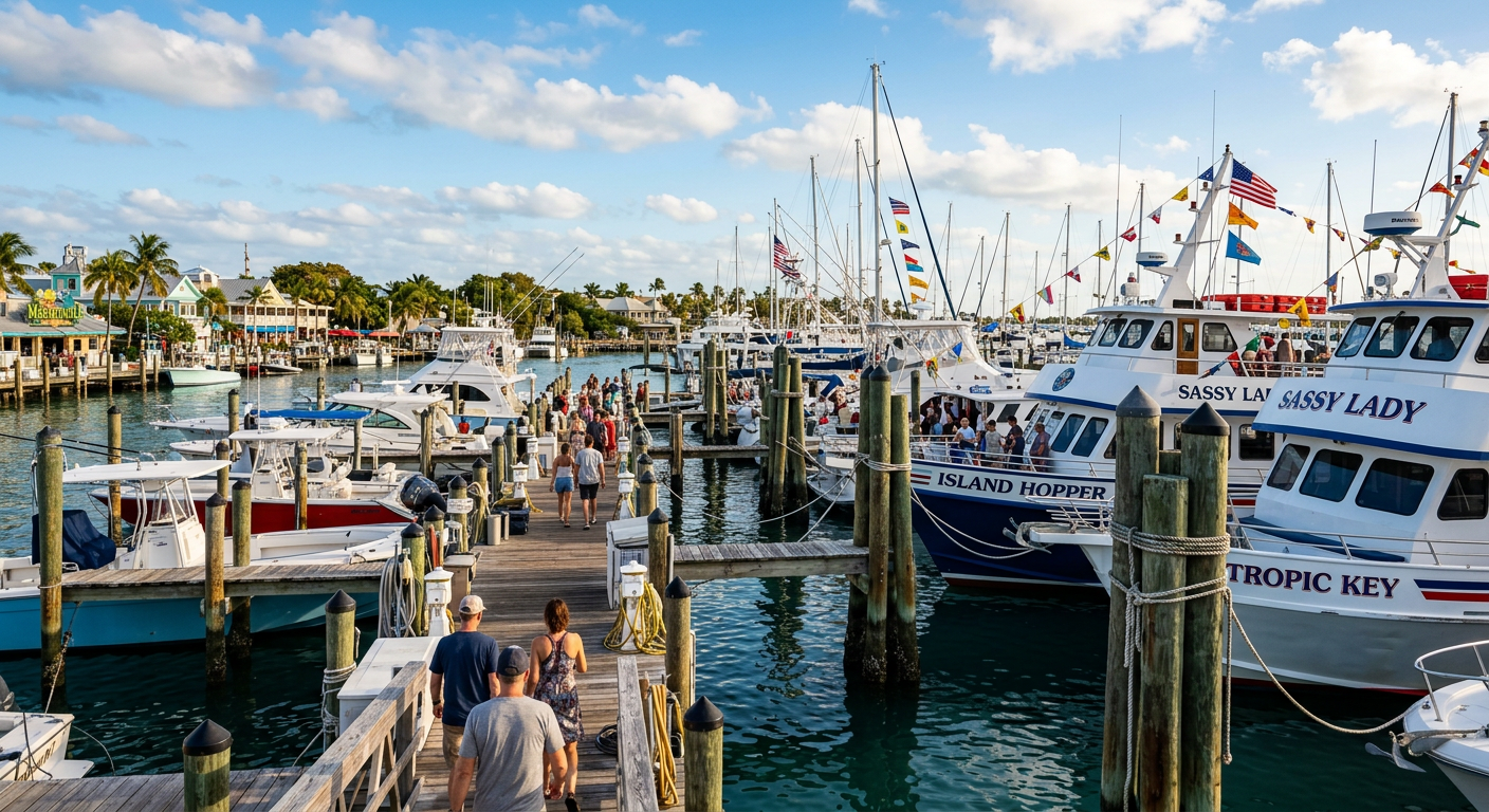 A crowded commercial marina dock in Key West with large party boats tied to wooden pilings