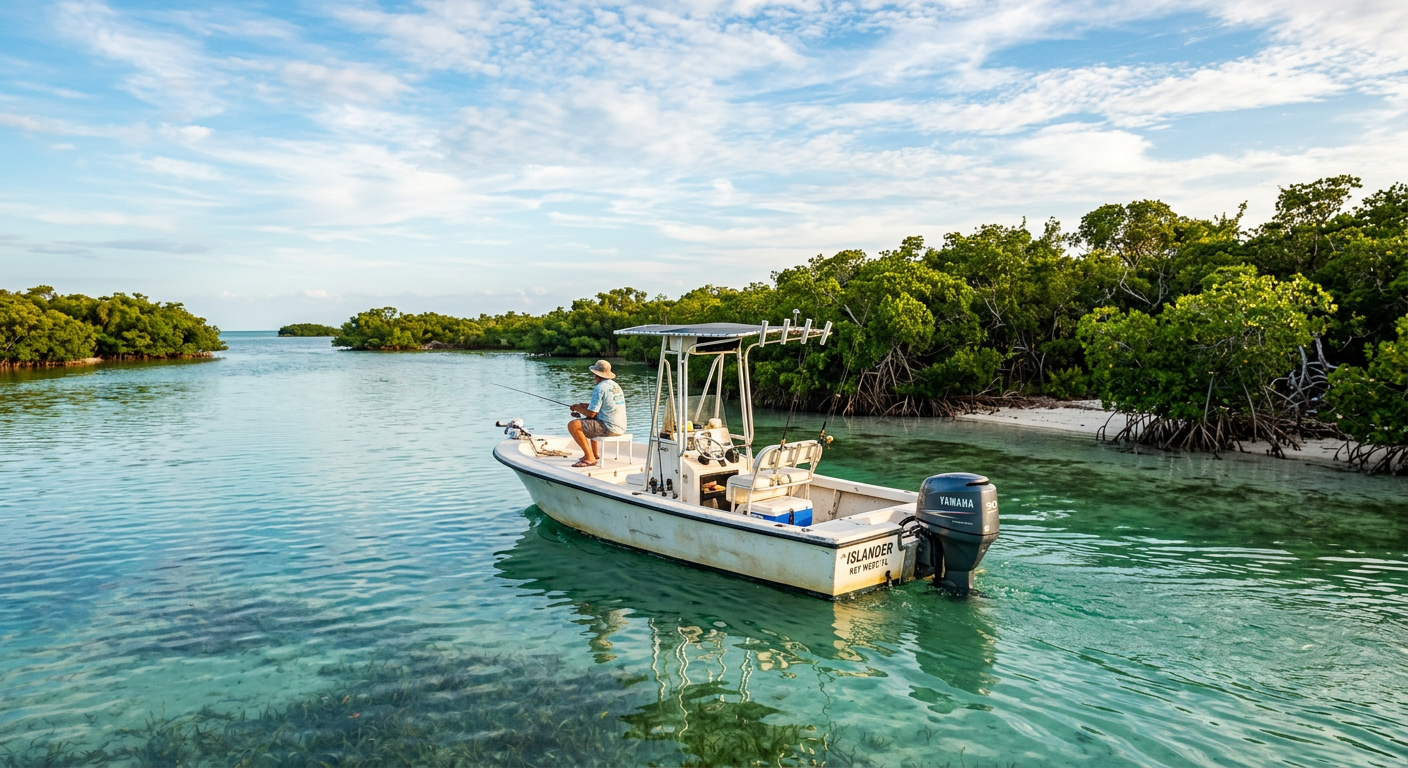 A small center console fishing boat drifting quietly past the mangrove islands near Key West