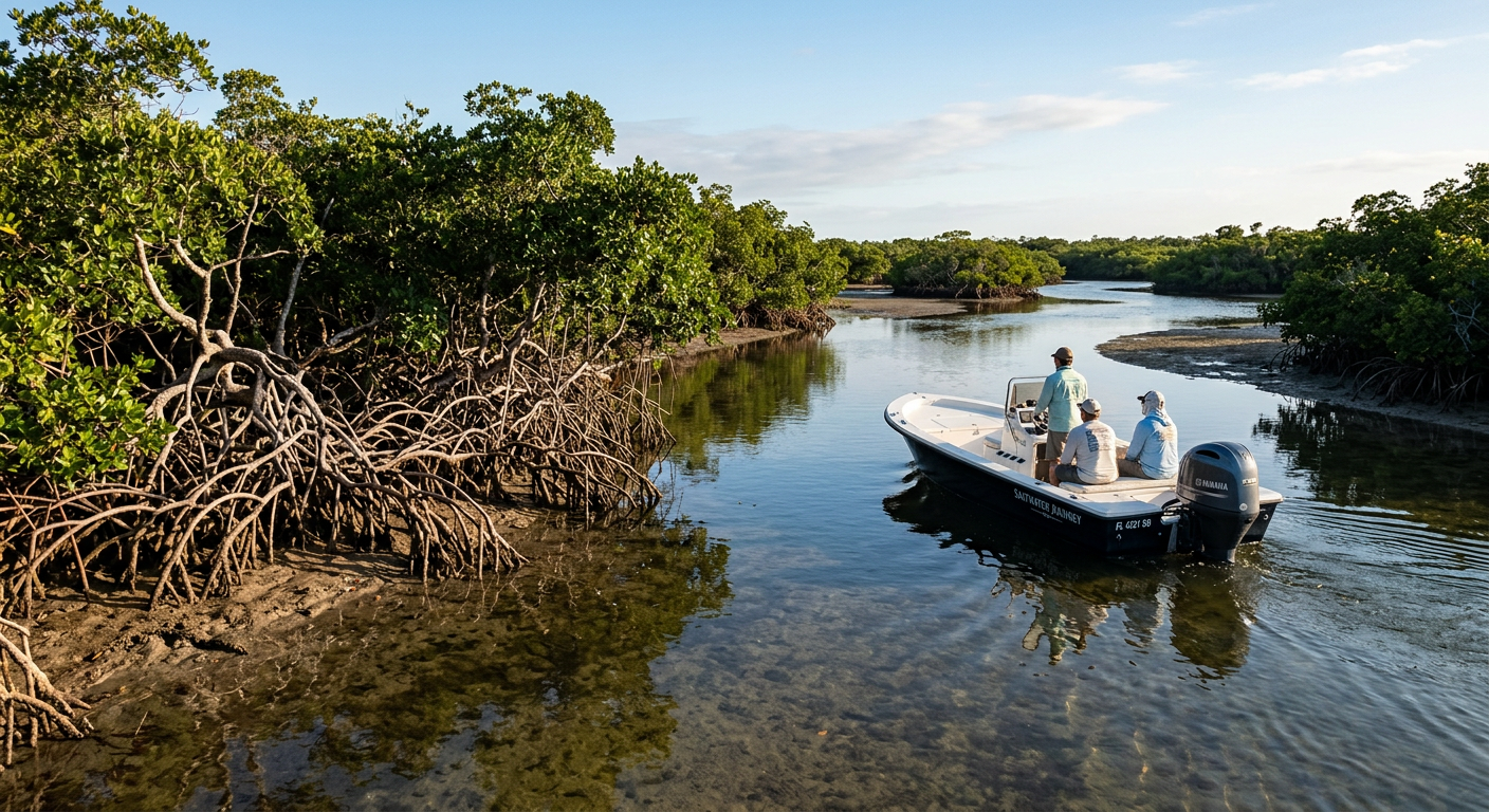 A small center console skiff navigating past exposed mangrove roots in the Florida backcountry at low tide