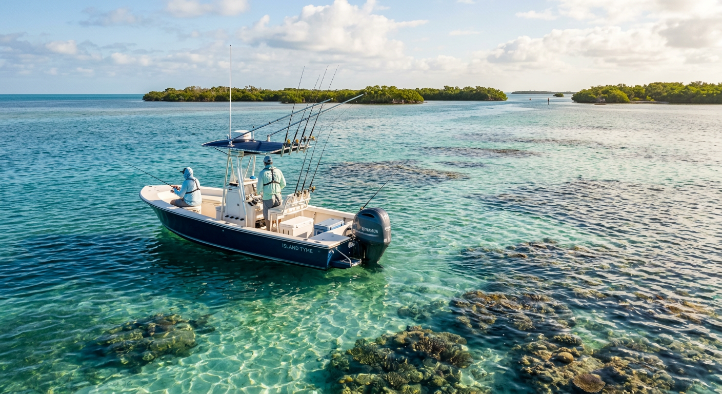 A small center console fishing boat drifting quietly past the reef under the Florida Keys morning sun