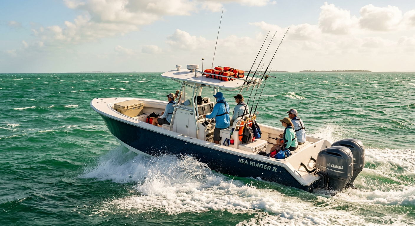 A loaded center console boat cuts through the choppy green water of the Florida Straits