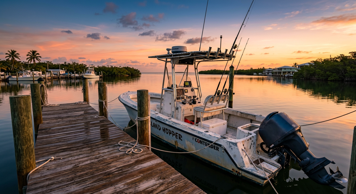 A weathered center console boat tied to a wooden dock at dawn in Marathon, Florida