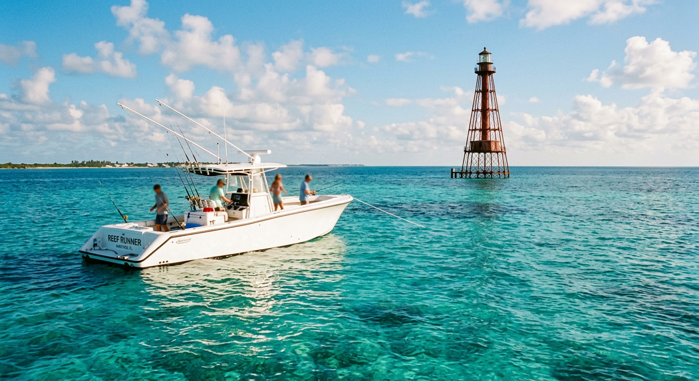 A white boat anchored near the Sombrero Reef lighthouse with clear turquoise water