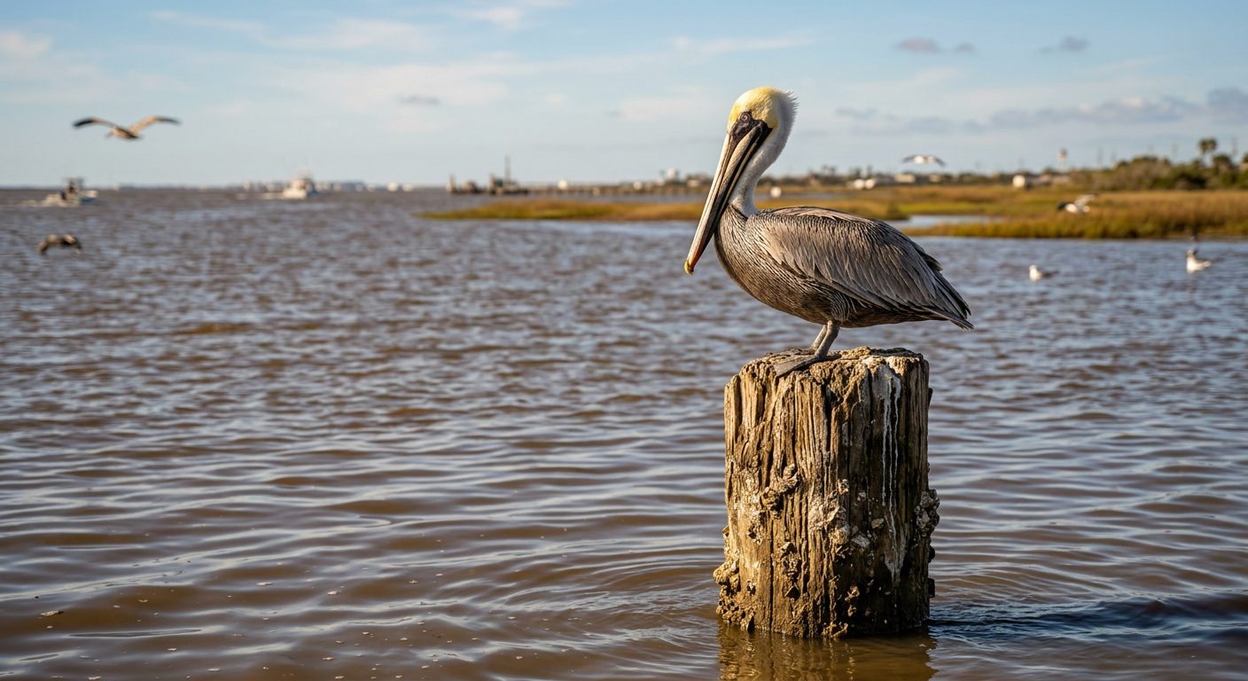 A pelican perching on a weathered wooden piling next to brown, sediment-rich bay water in Galveston