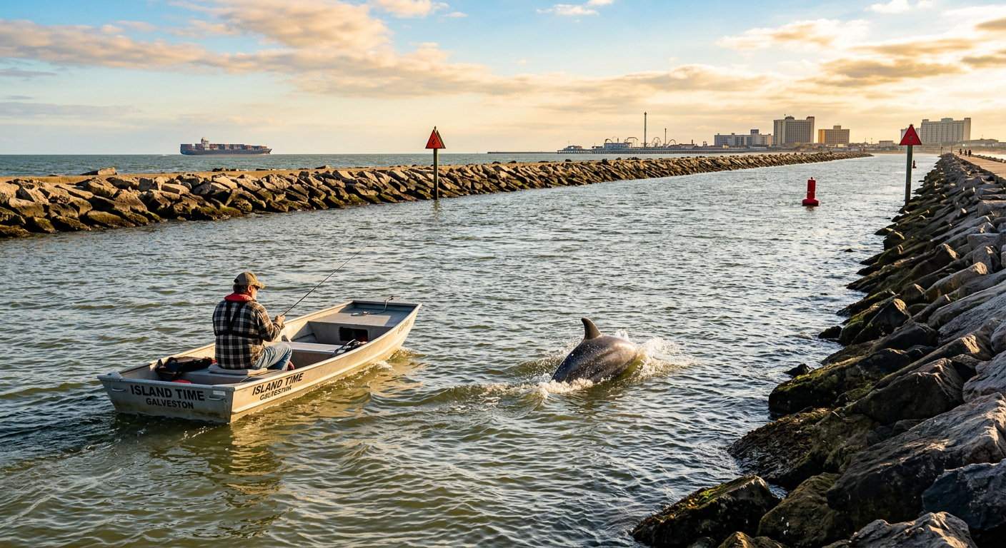 A flat-bottom skiff drifting near muddy shipping channel jetties in Galveston with a dolphin surfacing nearby