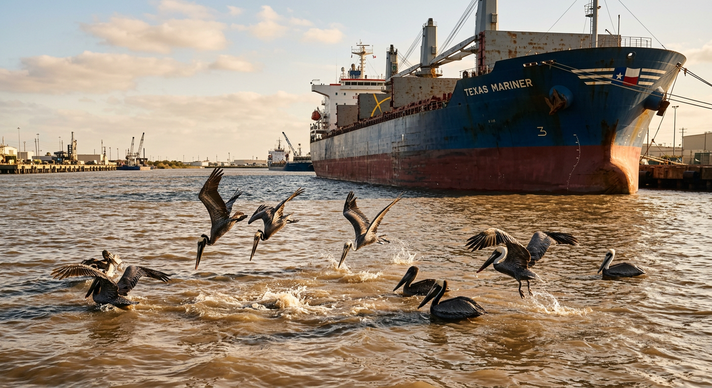 Brown pelicans diving for fish in the muddy water near a massive steel cargo ship in Galveston