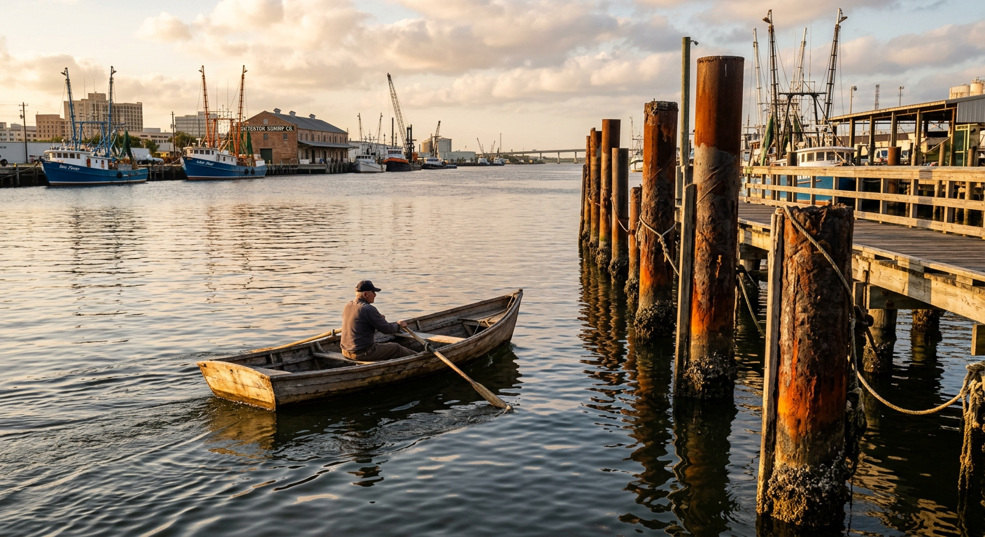 A small wooden skiff navigating near rusted iron dock pilings in the Galveston harbor.