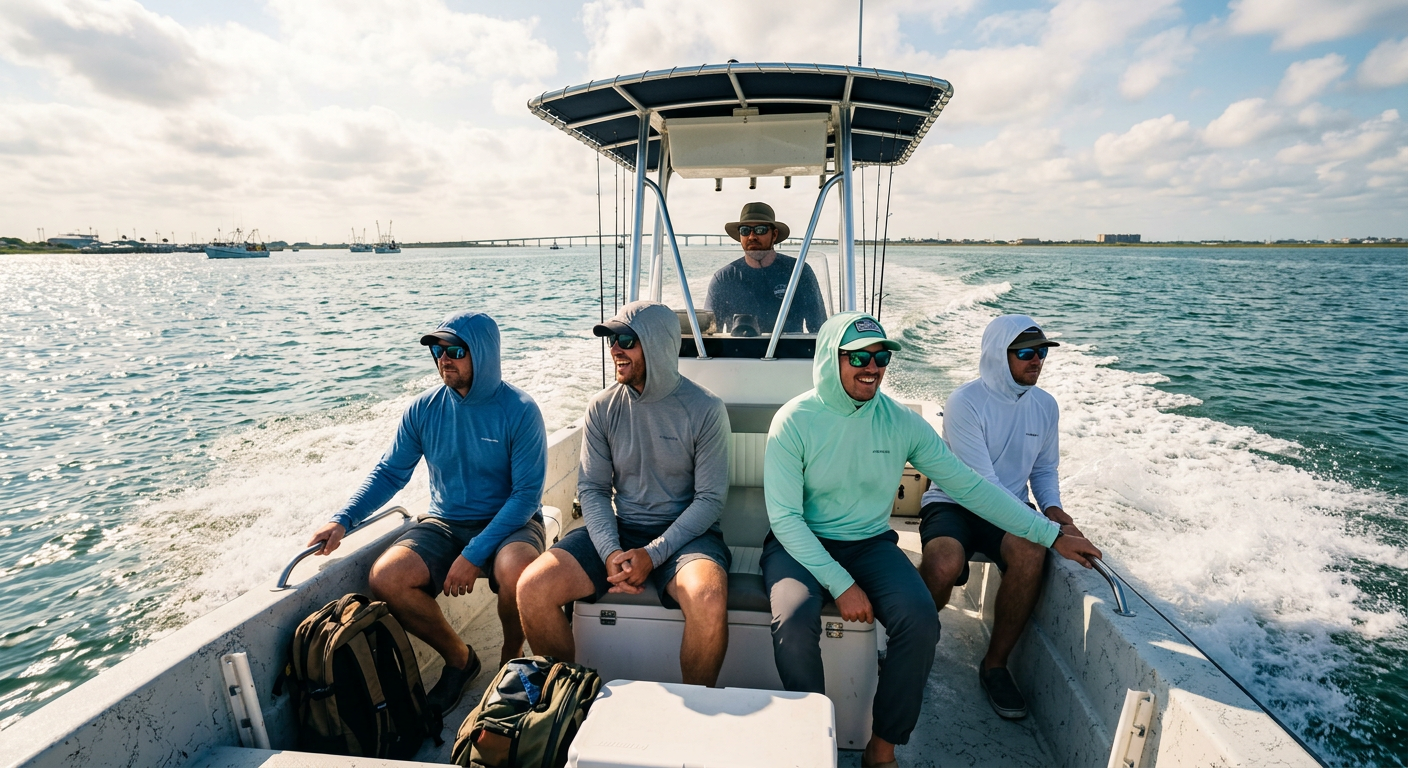 Four passengers wearing long-sleeved hooded sun shirts and dark polarized sunglasses riding a center console skiff across Galveston Bay