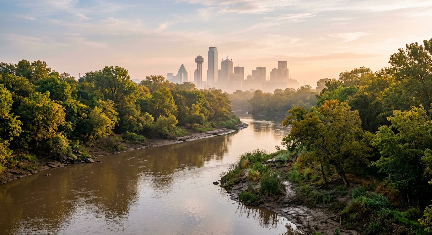 A hazy morning view of the Trinity River in Dallas with trees lining the muddy banks