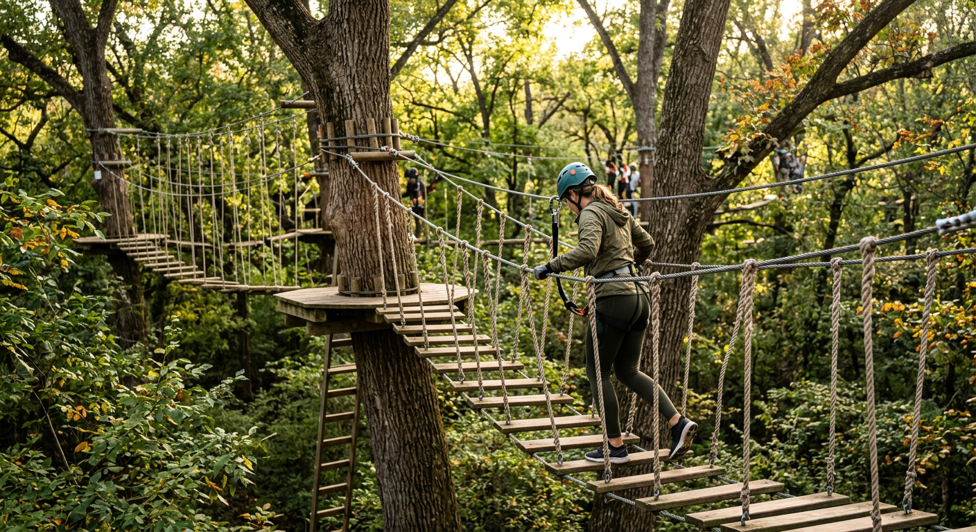 A climber navigating a high ropes course suspended between large pecan trees in a dense Texas forest