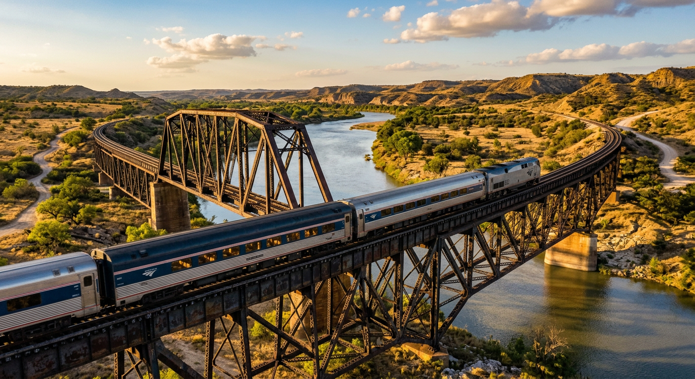 A vintage steel train coach rolling over an iron bridge in the Texas afternoon heat