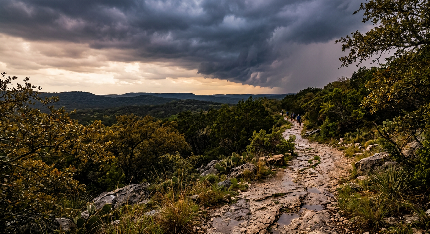 Dark, storm-bruised clouds rolling over the scrub oak and limestone trails of a Texas nature preserve.