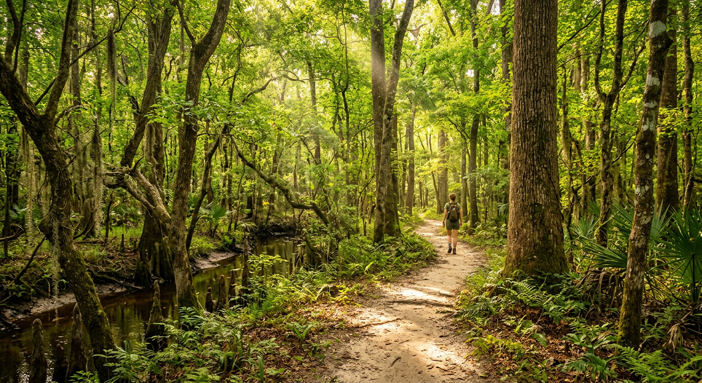 Sunlight filtering through the dense green canopy of a bottomland hardwood forest with a sandy hiking trail
