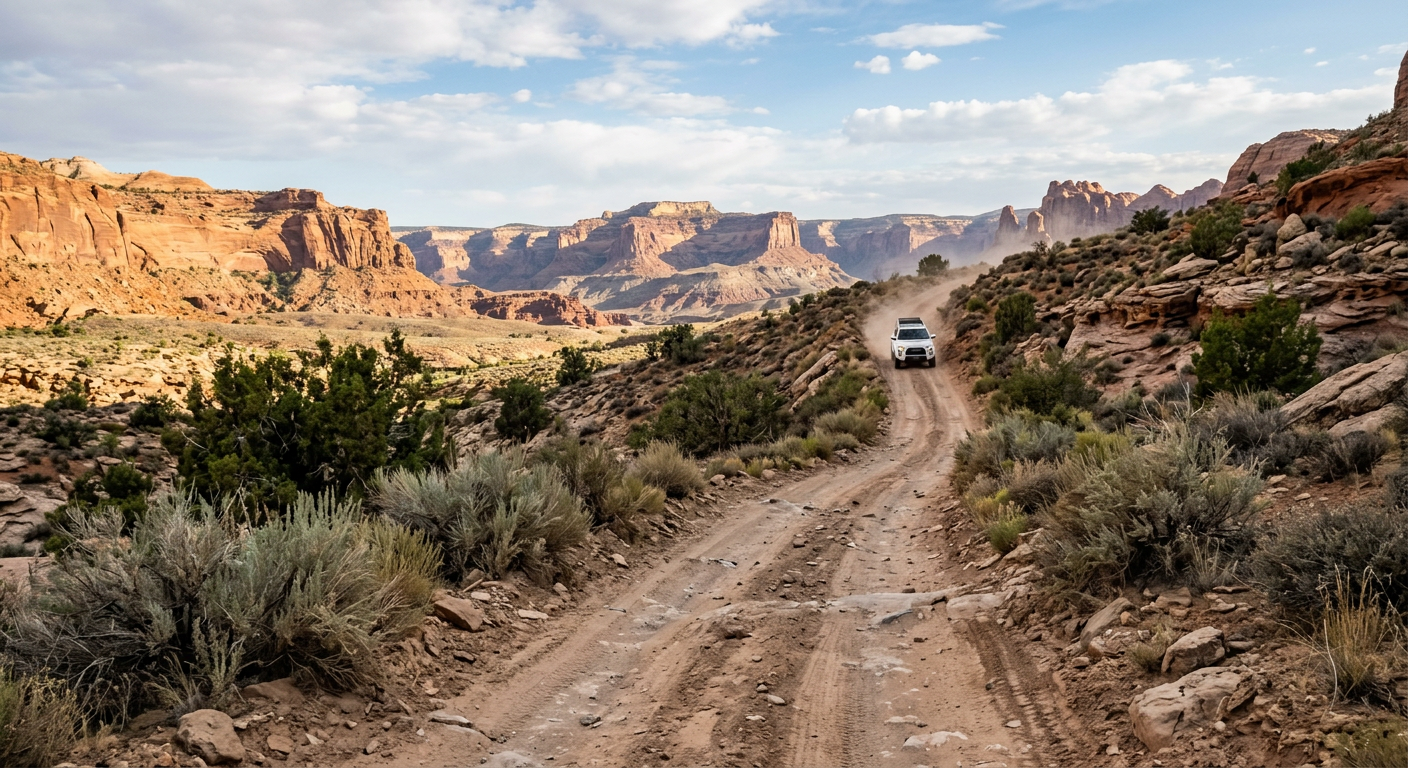 A dusty, rocky dirt vehicle track climbing through Utah desert terrain lined with sagebrush