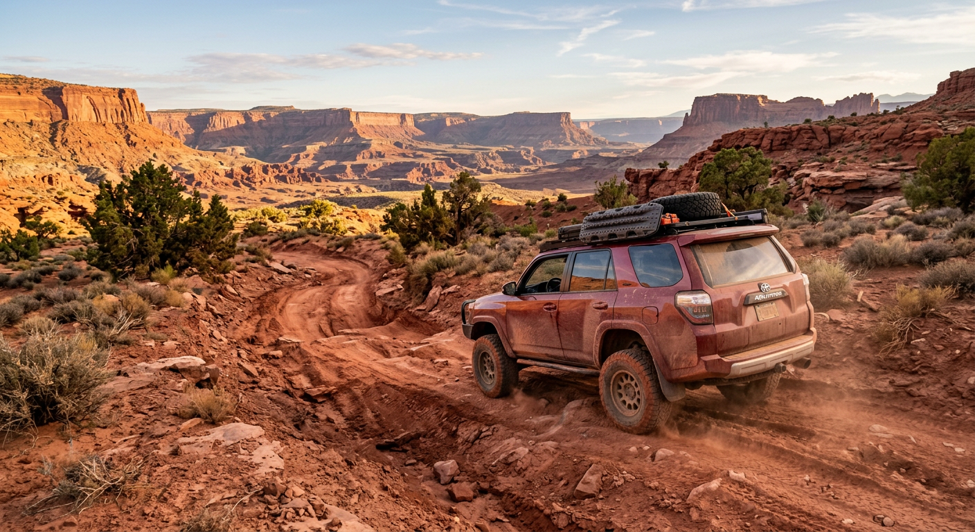 A dusty high-clearance off-road vehicle navigating deep red dry ruts in the Utah backcountry