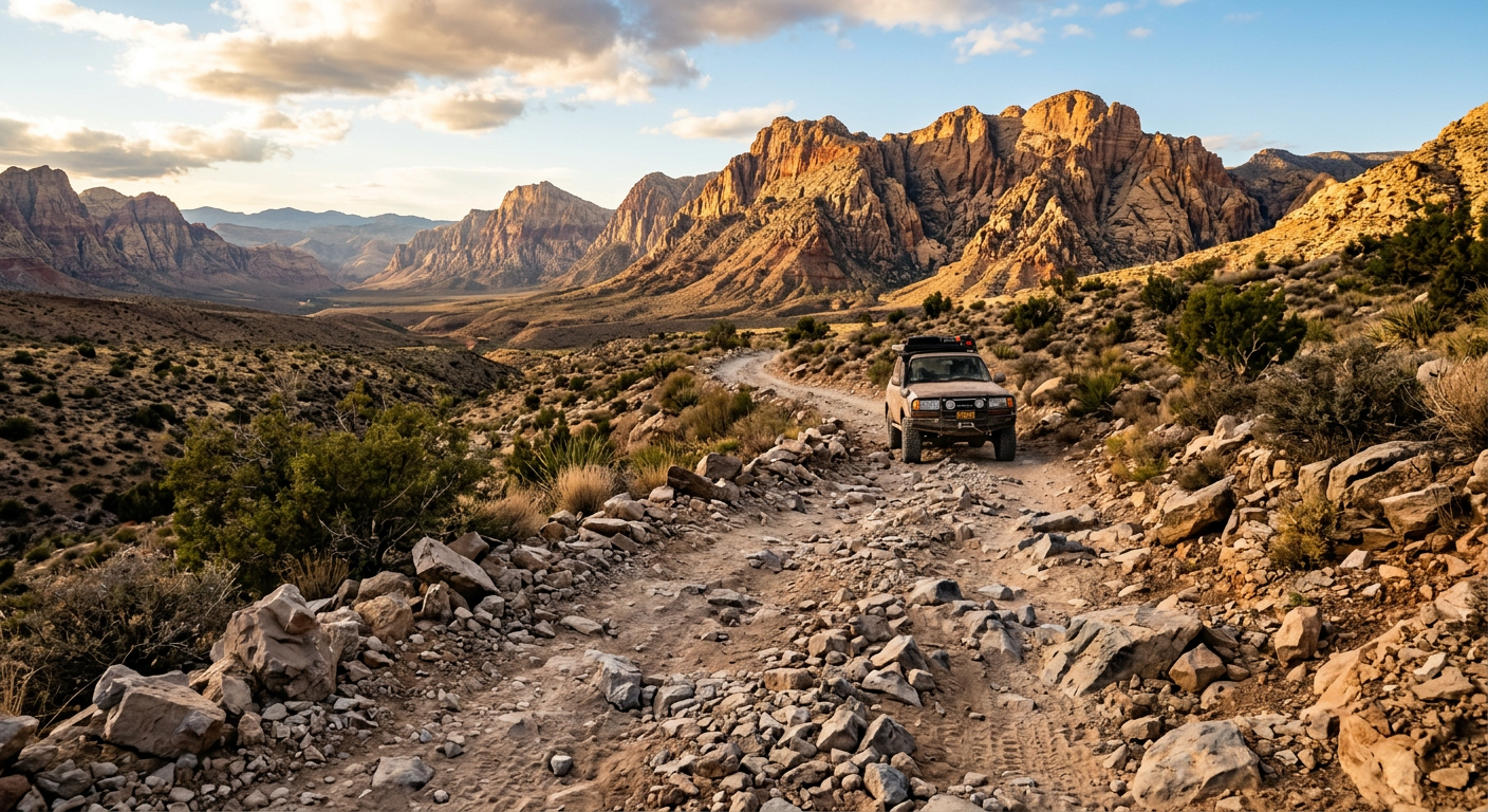 A dusty off-road trail filled with large jagged rocks leading toward a desert ridge