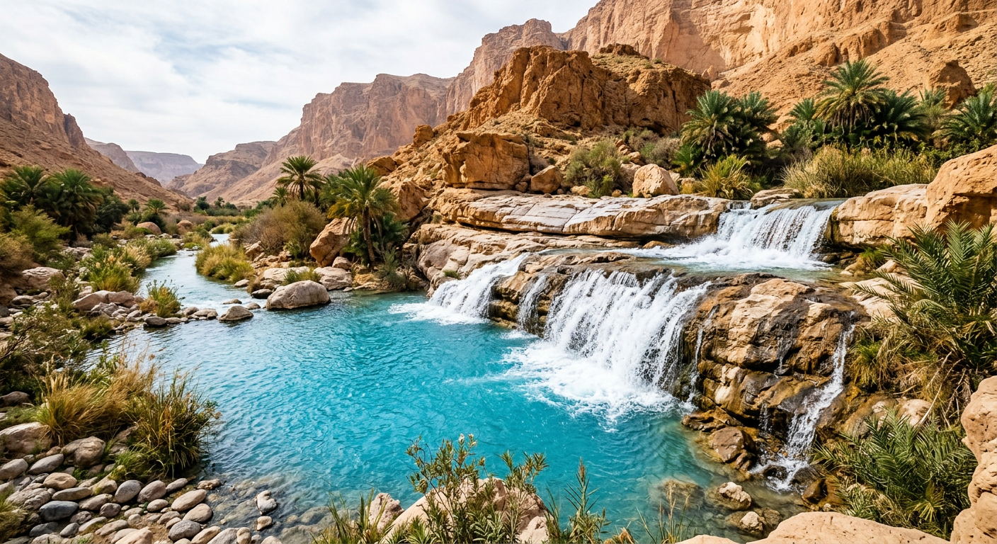 Clear desert creek cascading over two wide rocky terraces into a bright blue natural pool