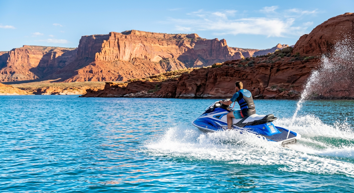 A person speeding across the bright blue water of Sand Hollow Reservoir on a jet ski with red rock cliffs in the background