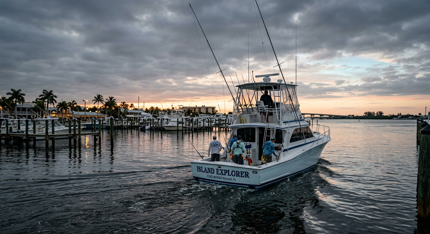 Fishing charter boat leaving a Fort Myers Beach marina at dawn under a gray sky