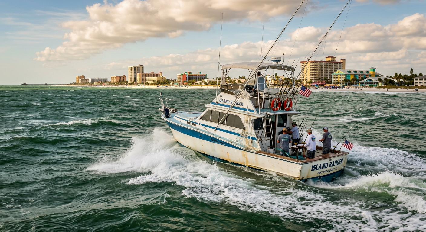 A weathered offshore charter boat running through choppy green waves off the coast of Fort Myers Beach
