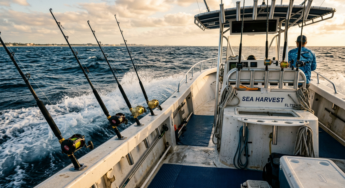 Deck of a charter fishing boat cutting through choppy Gulf waves with fishing rods in holders