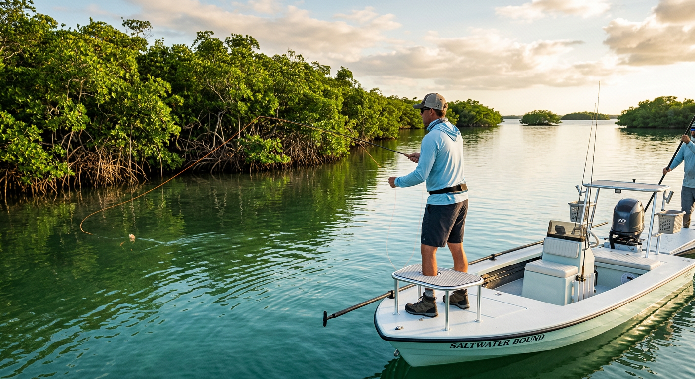 An angler standing on the bow of a flats skiff casting a fly rod toward dense green mangroves in Estero Bay