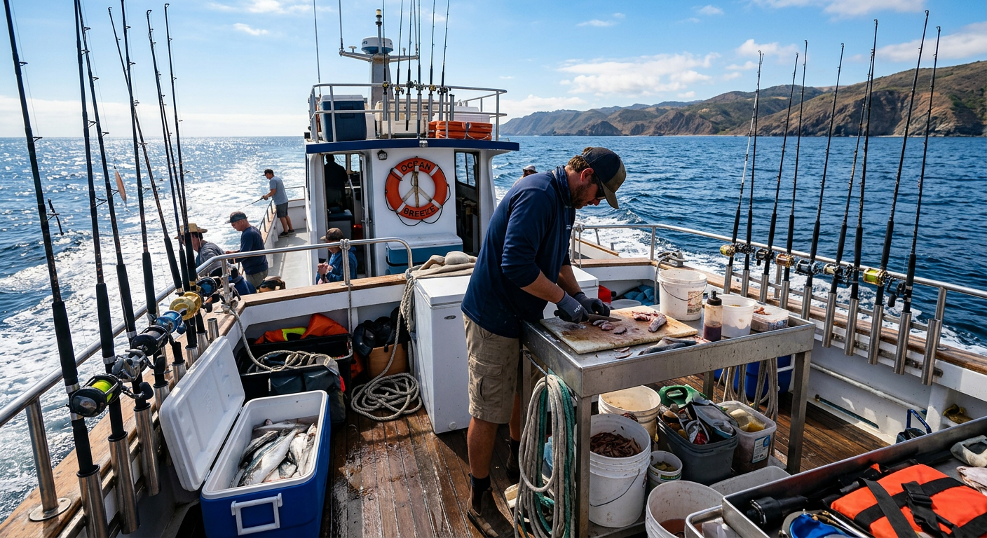 A busy deck of a modern fishing charter boat covered in rods with a deckhand preparing bait
