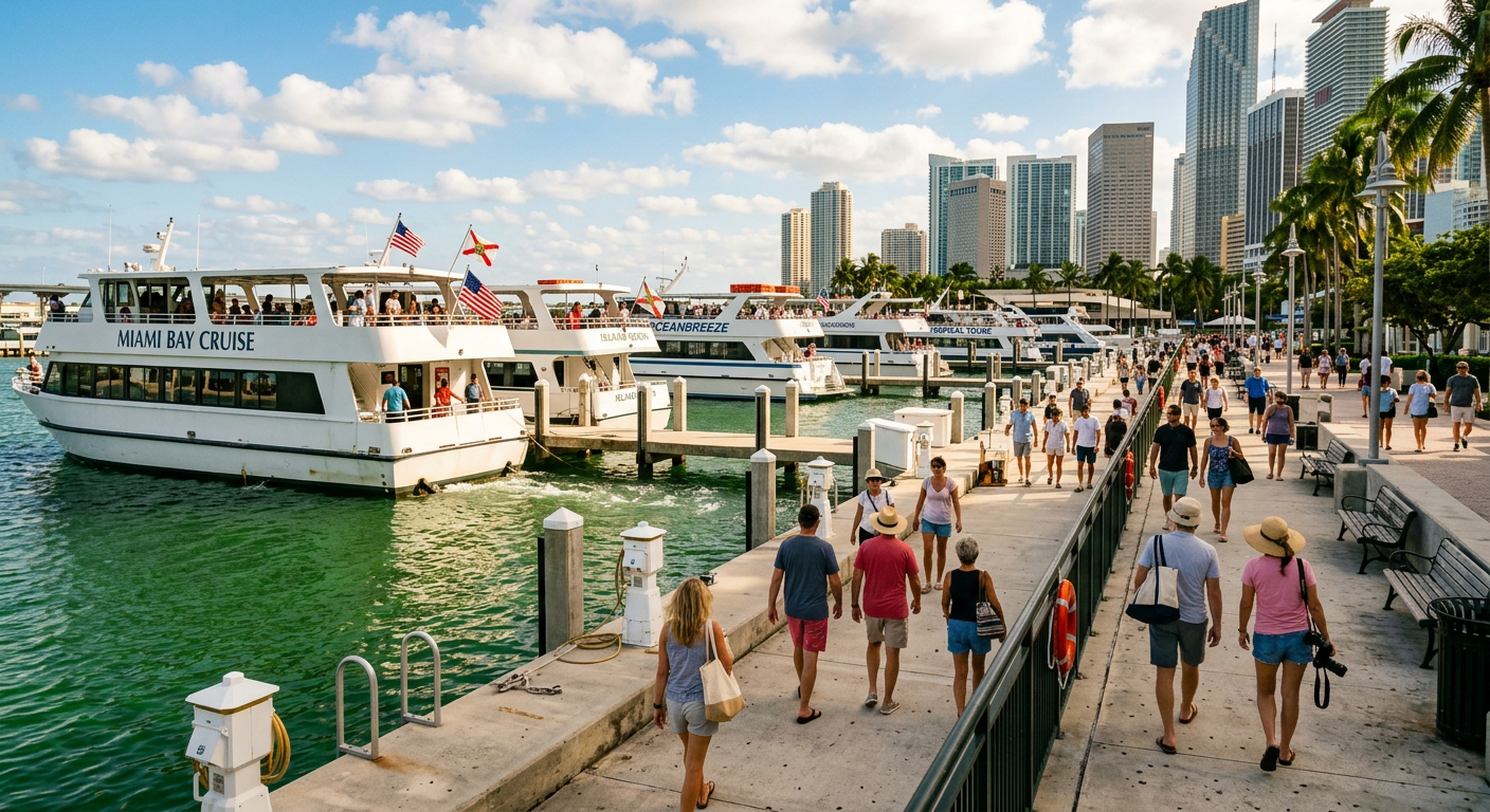 Visitors walking along the concrete docks in Miami while large white tour boats idle in the green basin water
