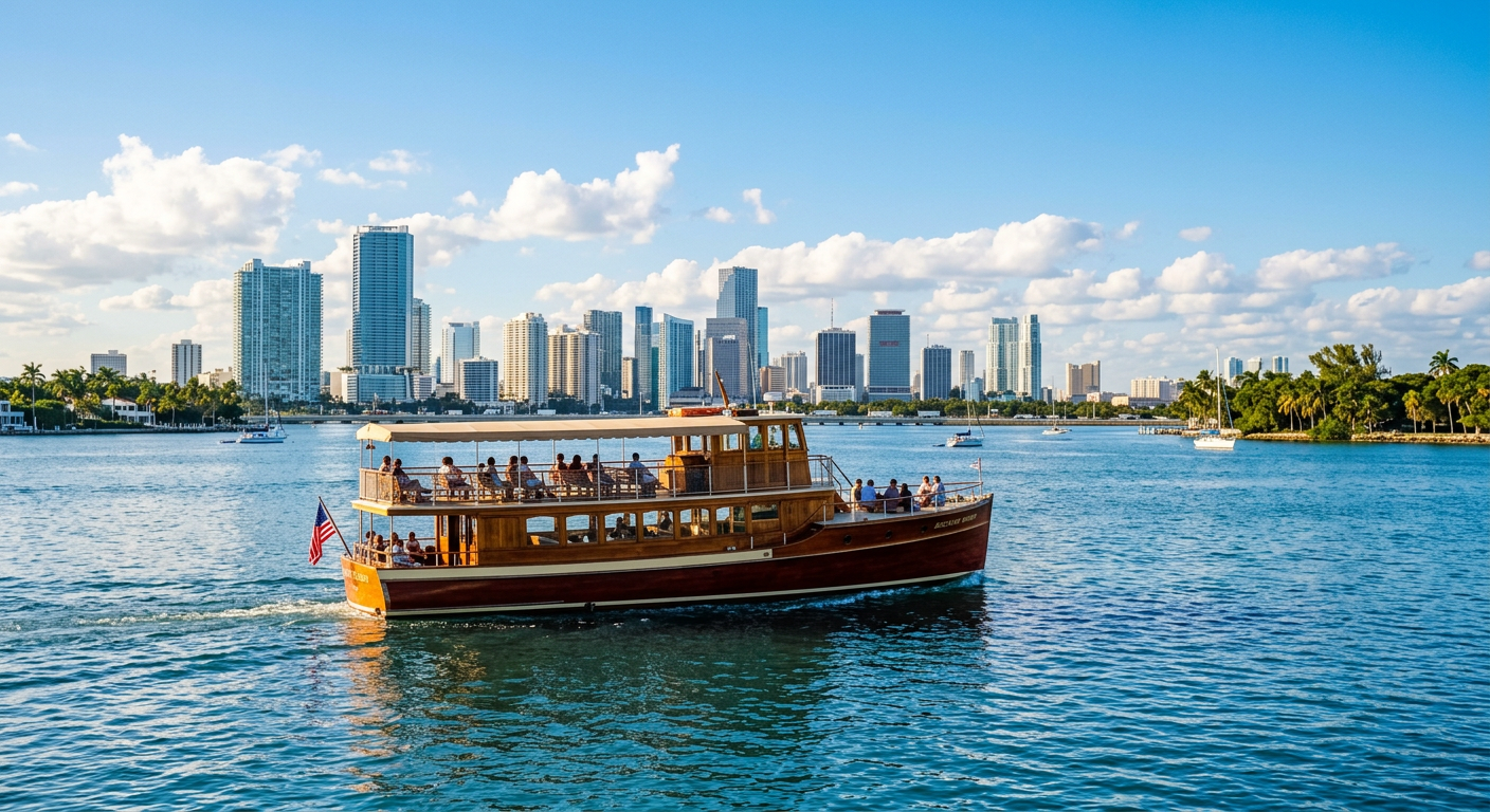 A classic wooden tour boat cruising calmly through the blue waters of Biscayne Bay