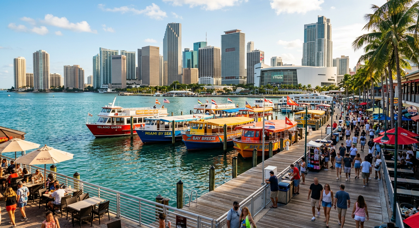 Colorful tour boats docked along the bustling Bayside Marketplace promenade in Miami.